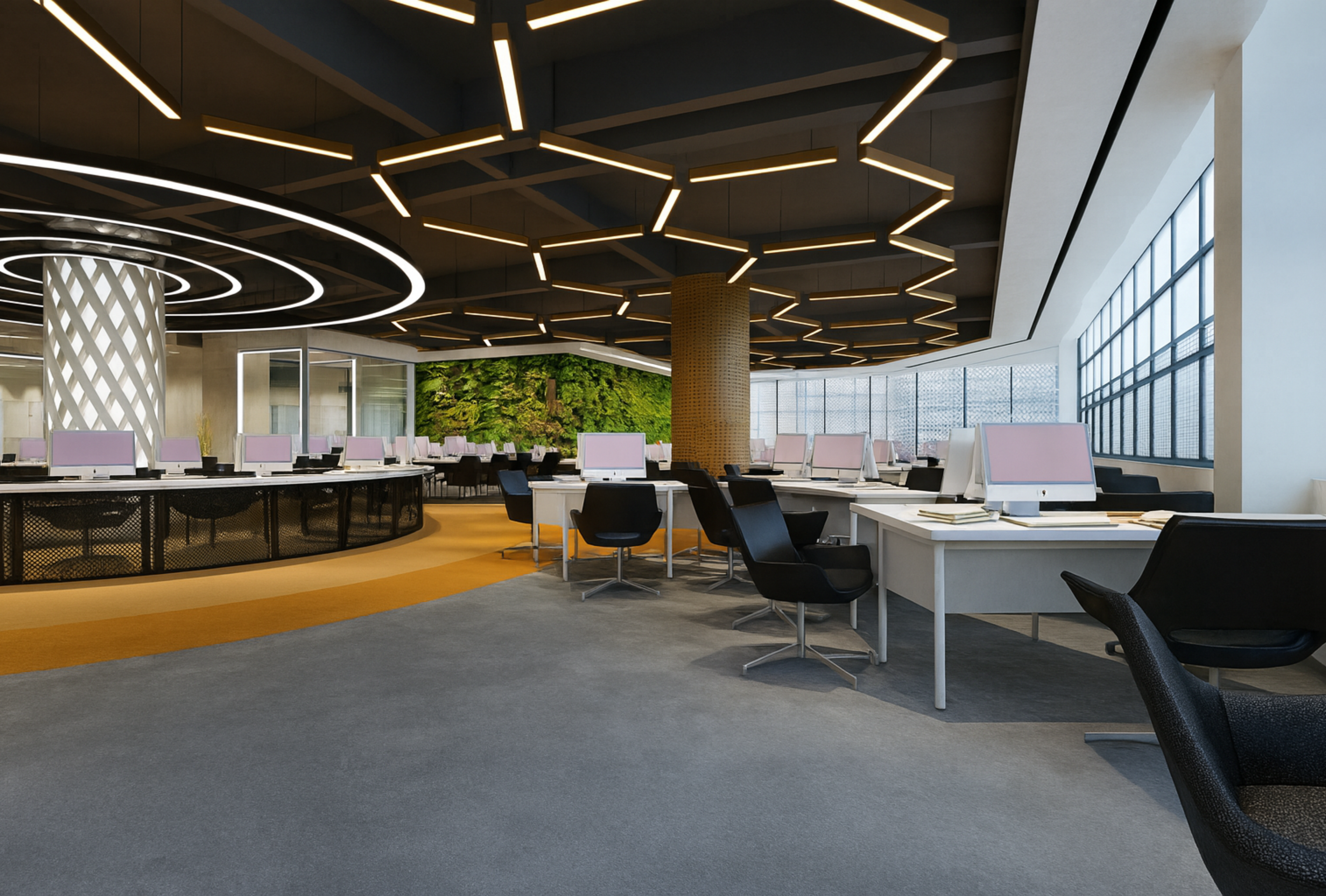 Modern office with LED ceiling panels and smart lighting design