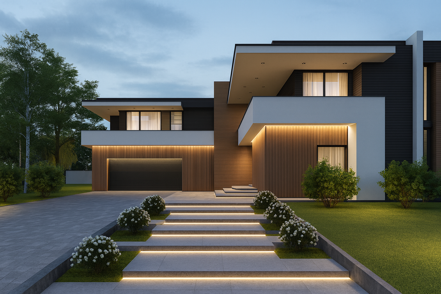 Modern front garden with LED pathway lights enhancing curb appeal at night in India