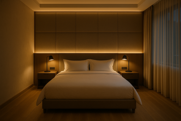 Elegant bedroom with warm ambient and bedside lighting in a luxury home
