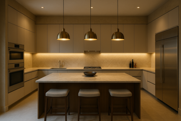 Luxury kitchen with pendant lights and under-cabinet LED task lighting