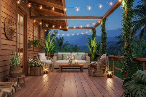 Outdoor patio lighting design with string lights and recessed deck lights in India