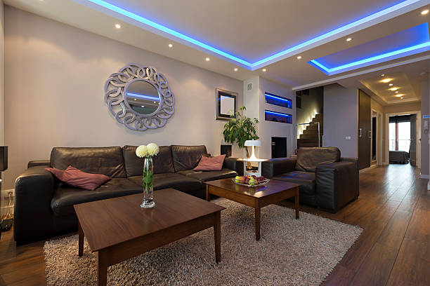 Living room with energy-efficient LED ceiling lights and sustainable décor