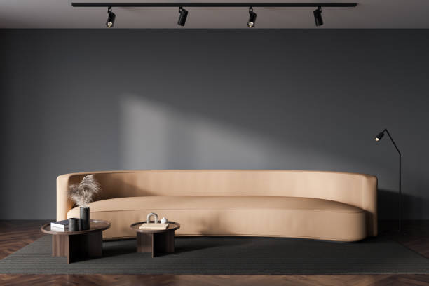 Minimalist living room with slim black track lights and hidden LED strips