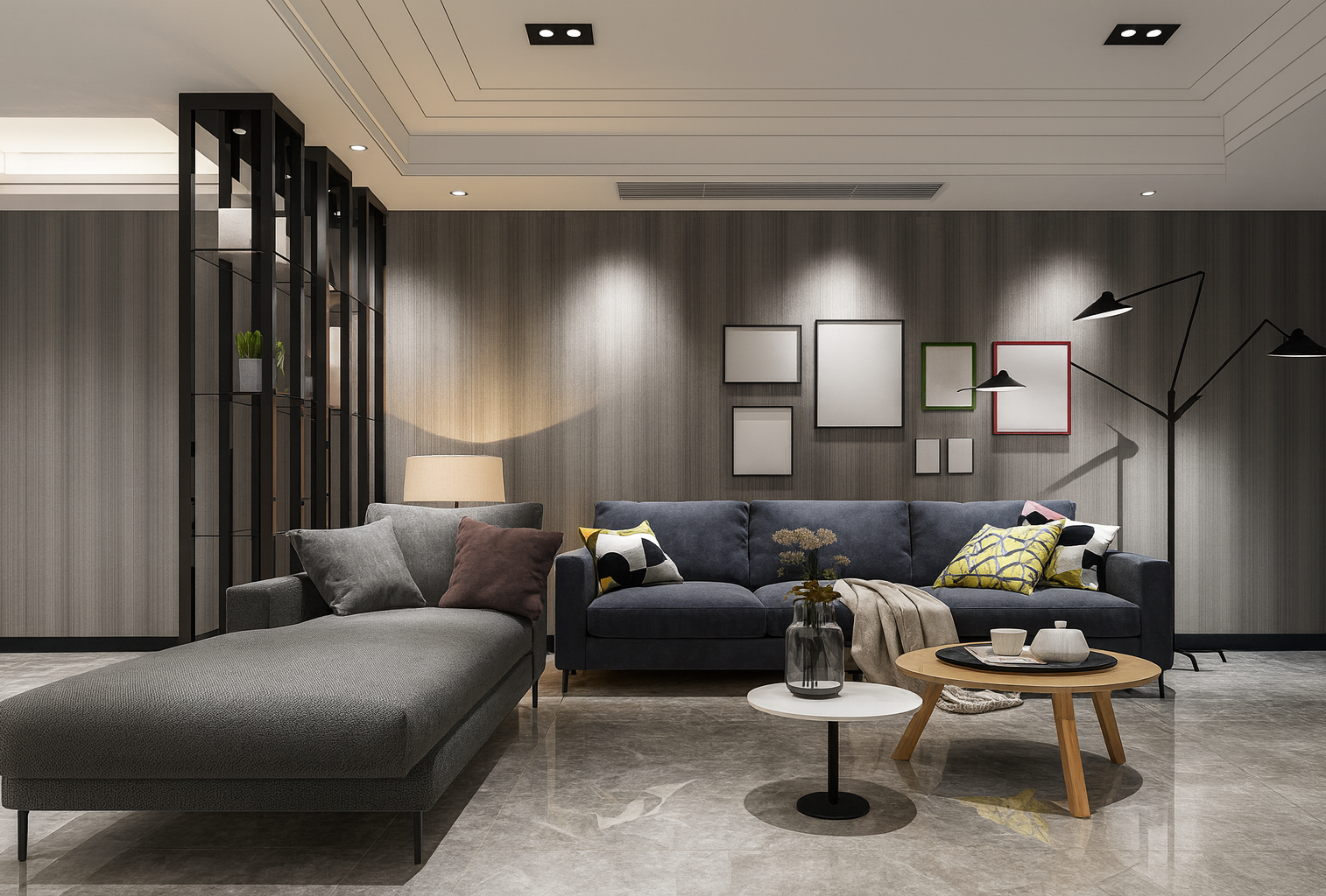 Modern living room with layered ceiling lights, wall sconces, and floor lamp for 2025 design