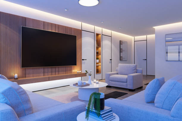 Living room smart lighting controlled with mobile app and LED strip under TV unit