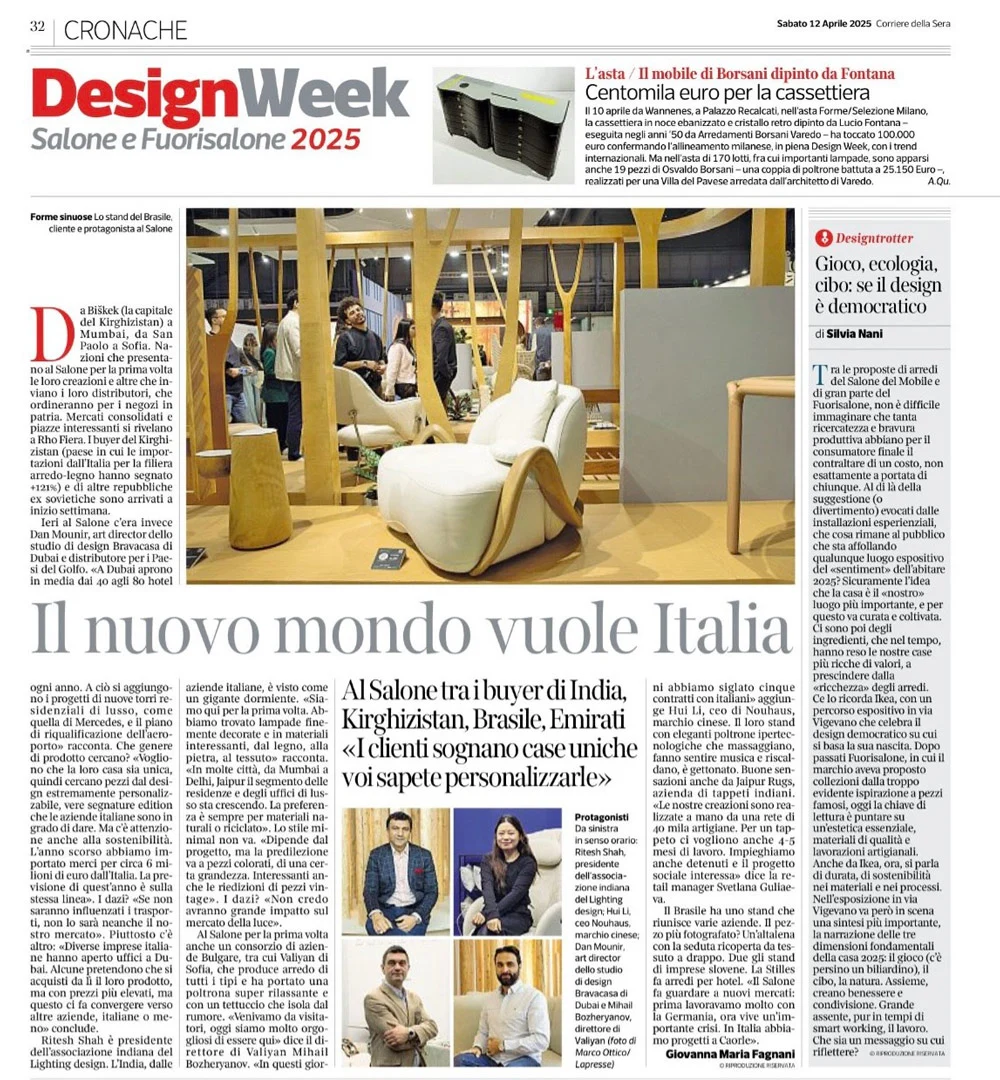 Close-up of Lux Light Designs spotlight in Design Week 2025 newspaper spread - Milano coverage