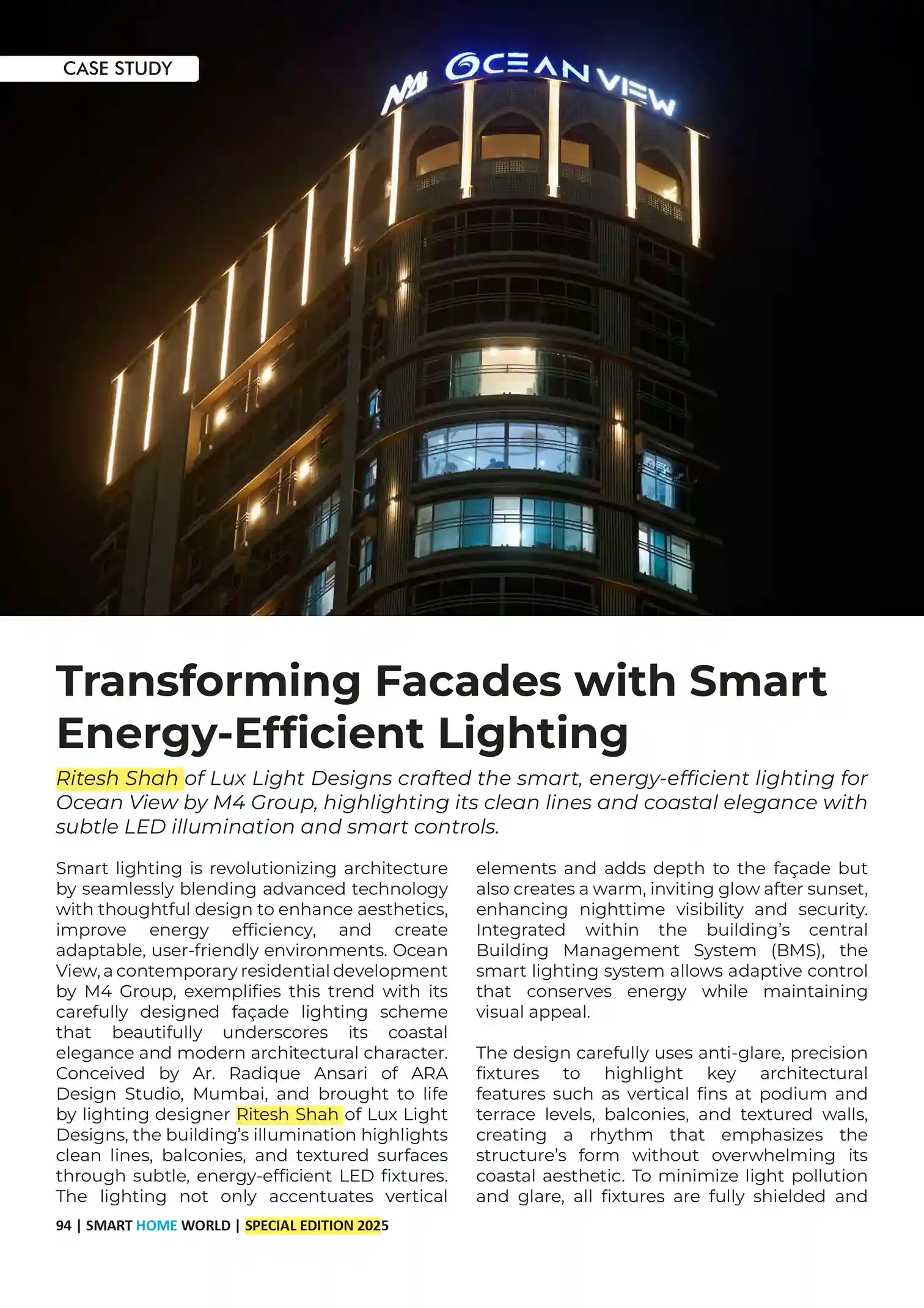 Ocean View residential building facade illuminated with smart LED lighting by Lux Light Designs