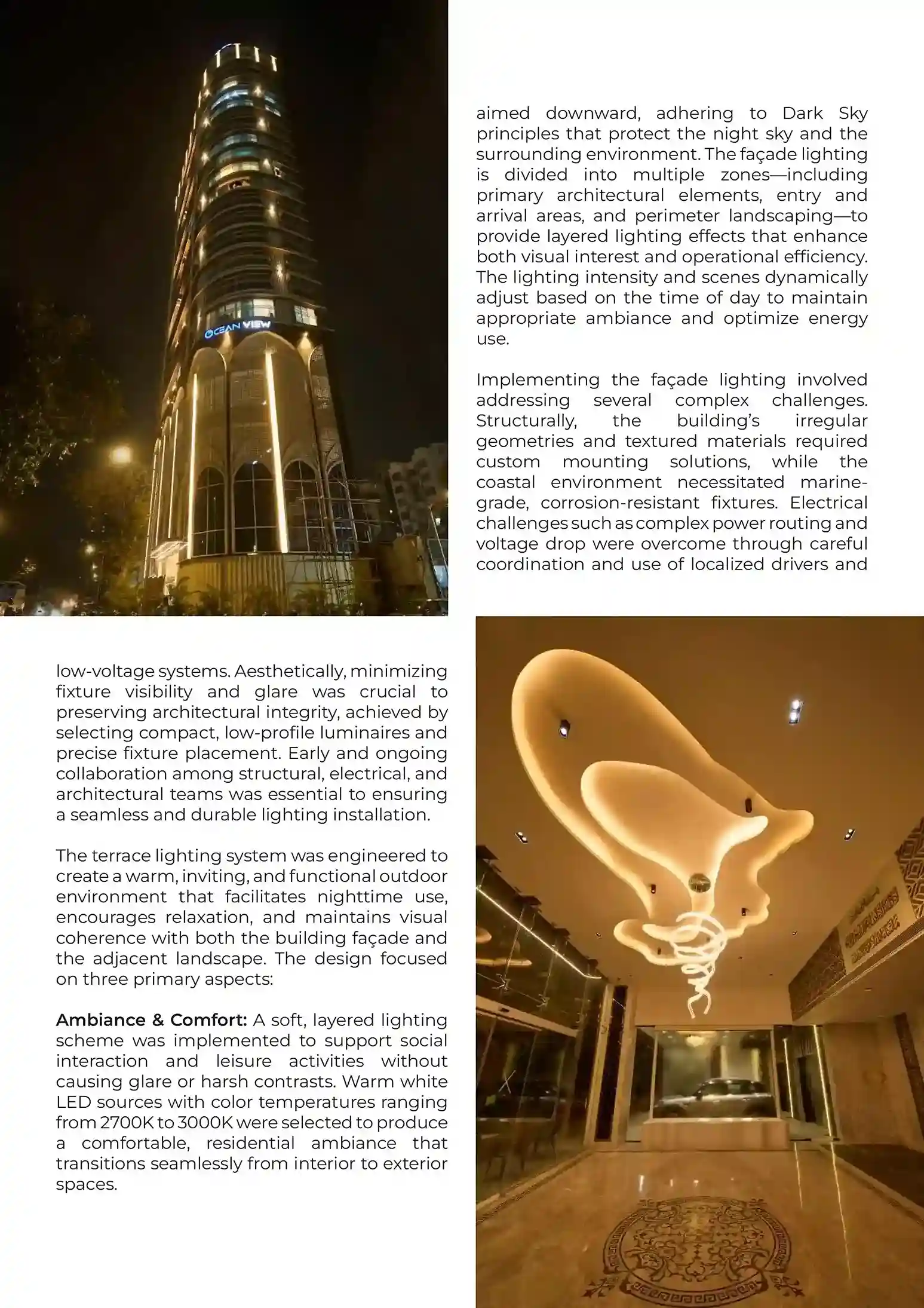 Vertical view of Ocean View tower with layered LED lighting emphasizing architecture