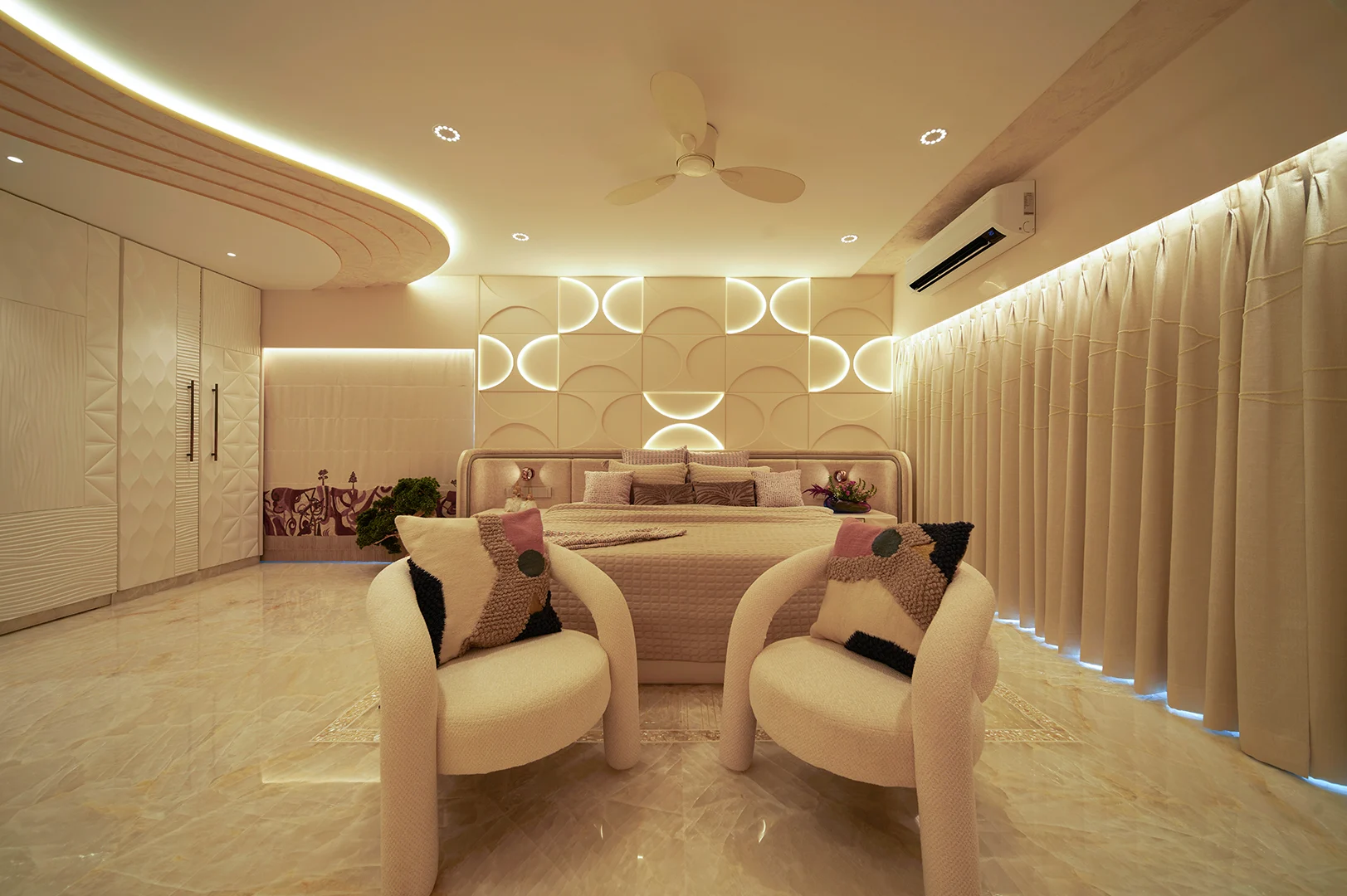 Luxury interior lighting design in a modern bedroom with ambient LED wall panels
